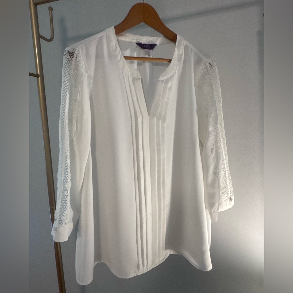 White Pleated Blouse with Cuffed 3/4 Sleeves